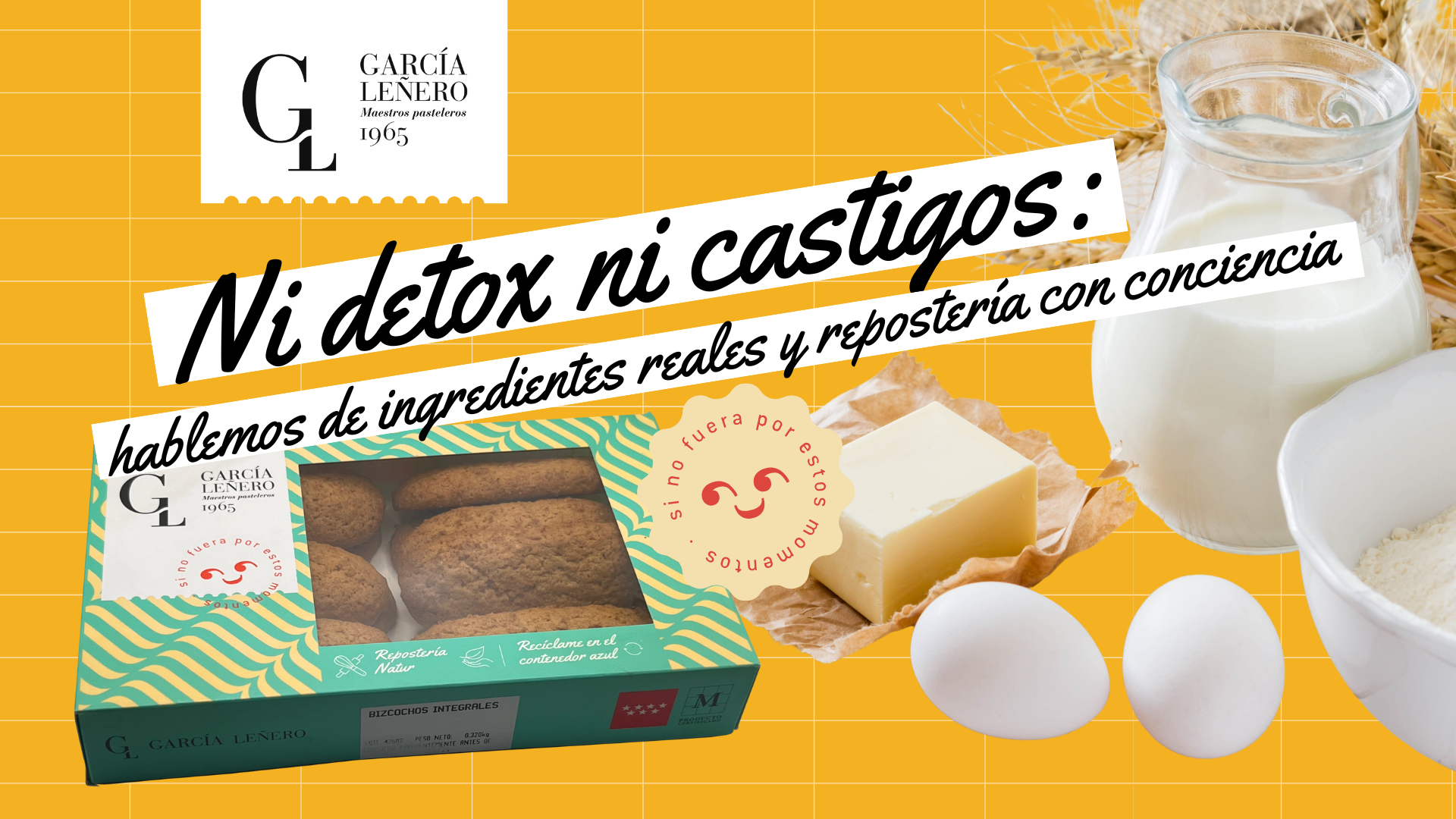 Ingredientes reales de repostería artesanal: harina, huevos y mantequilla en el obrador de García Leñero.